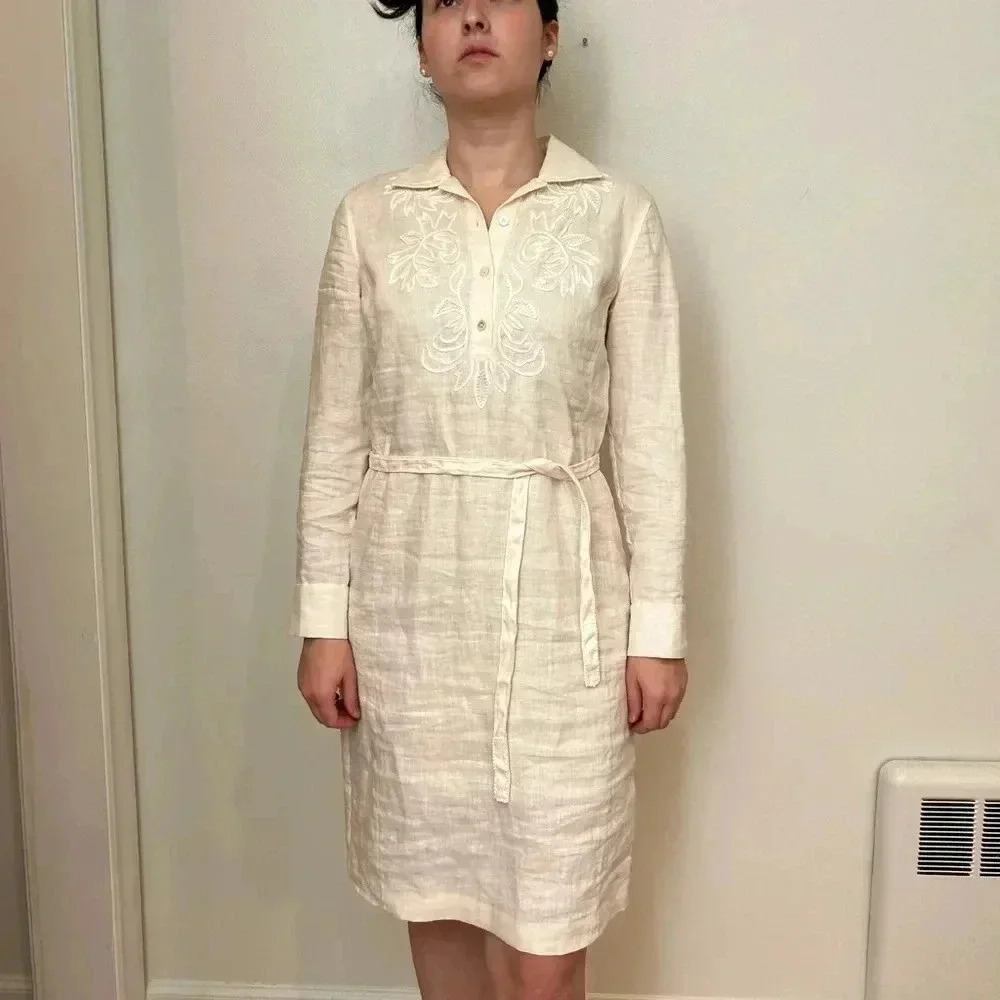 TALBOTS linen embroidered knee length belted shirt dress size 4P sundress dissh